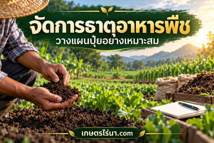 plant-nutrition-cover ภาพประกอบดินและแปลงพืช พร้อมข้อความ จัดการธาตุอาหารพืช วางแผนปุ๋ยอย่างเหมาะสม
