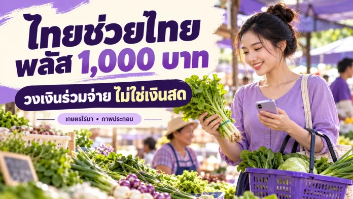 plus1000-cover ภาพประกอบหญิงซื้อผัก พร้อมข้อความไทยช่วยไทย พลัส 1,000 บาท วงเงินร่วมจ่ายไม่ใช่เงินสด