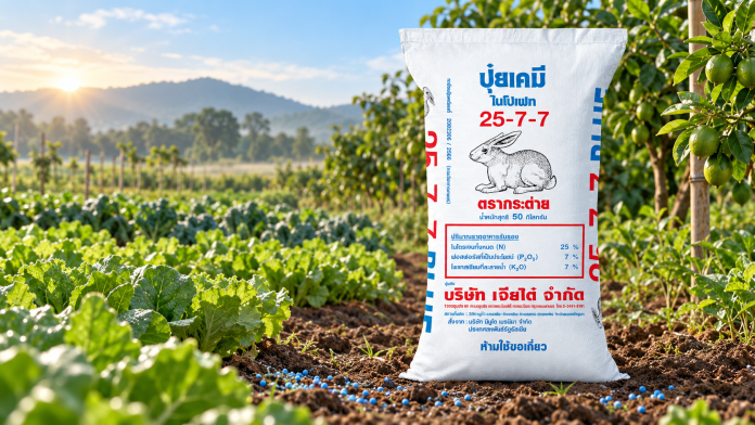 rabbit-fertilizer-25-7-7-blue-cover ถุงปุ๋ยตรากระต่าย สูตร 25-7-7 บลู วางข้างแปลงผักและไม้ผล