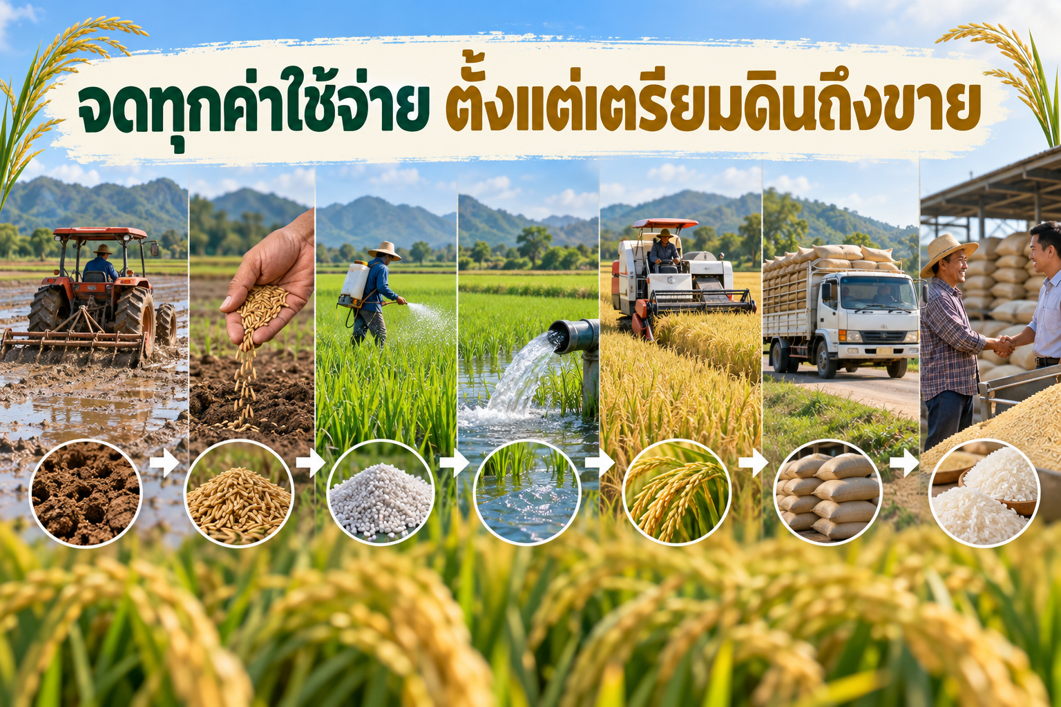 ลำดับบันทึกค่าใช้จ่ายการทำนาตั้งแต่เตรียมดินถึงขาย