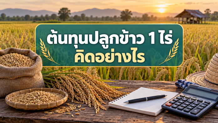 rice-farming-cost-per-rai-featured สมุดบันทึก เครื่องคิดเลข และรวงข้าวในนา พร้อมข้อความ ต้นทุนปลูกข้าว 1 ไร่ คิดอย่างไร