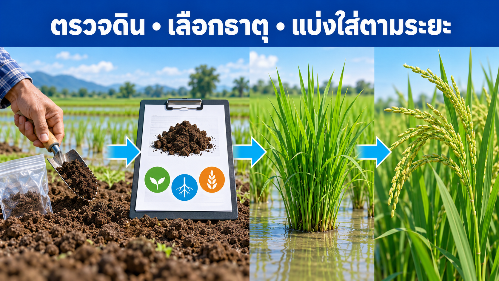 ลำดับตรวจดิน เลือกธาตุอาหาร และแบ่งใส่ปุ๋ยตามระยะการเติบโตของข้าว