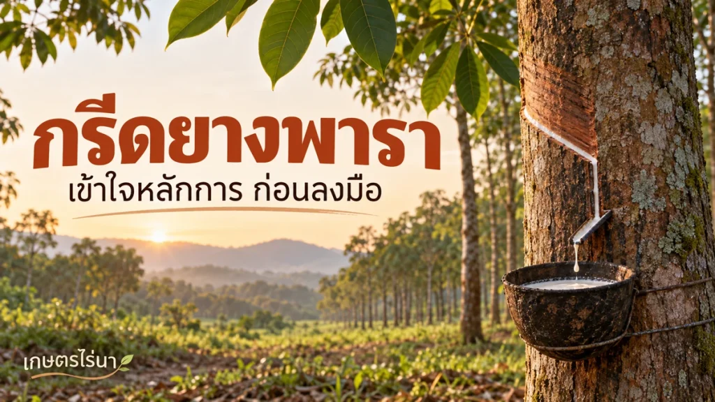 กรีดยางพารา พร้อมข้อความไทย — ภาพประกอบ AI