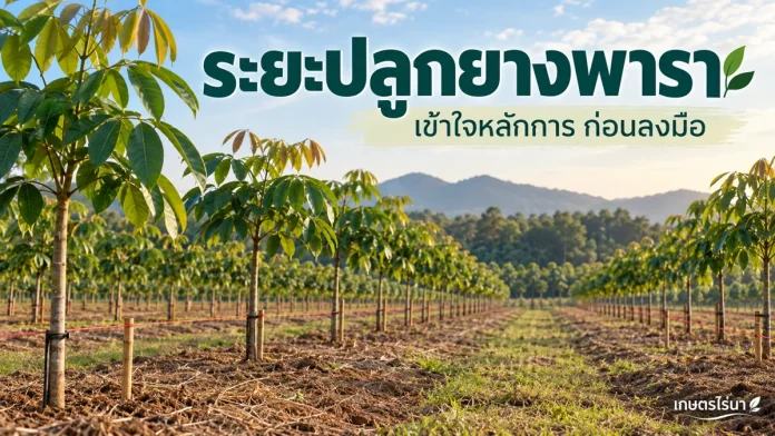 rubber-7-cover ระยะปลูกยางพารา พร้อมข้อความไทย — ภาพประกอบ AI