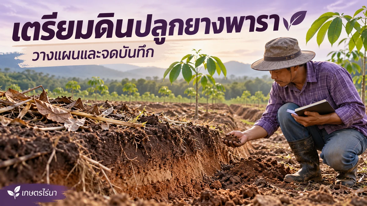 เตรียมดินปลูกยางพารา — วางแผนและจดบันทึก พร้อมข้อความไทย
