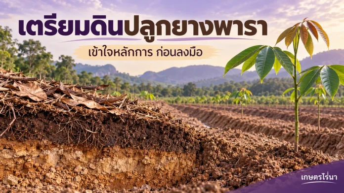 rubber-8-cover เตรียมดินปลูกยางพารา พร้อมข้อความไทย — ภาพประกอบ AI