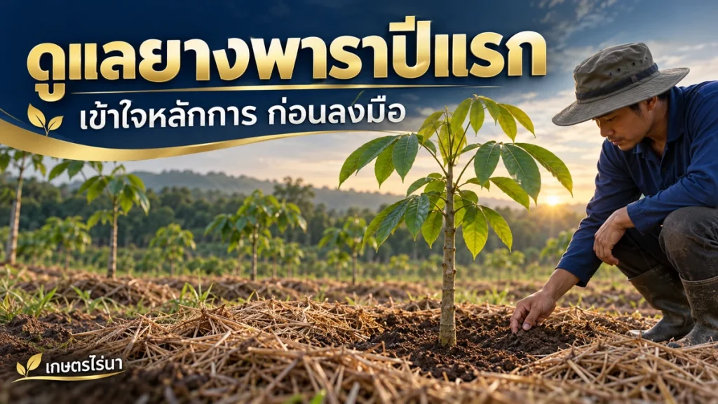 ดูแลยางพาราปีแรก พร้อมข้อความไทย — ภาพประกอบ AI