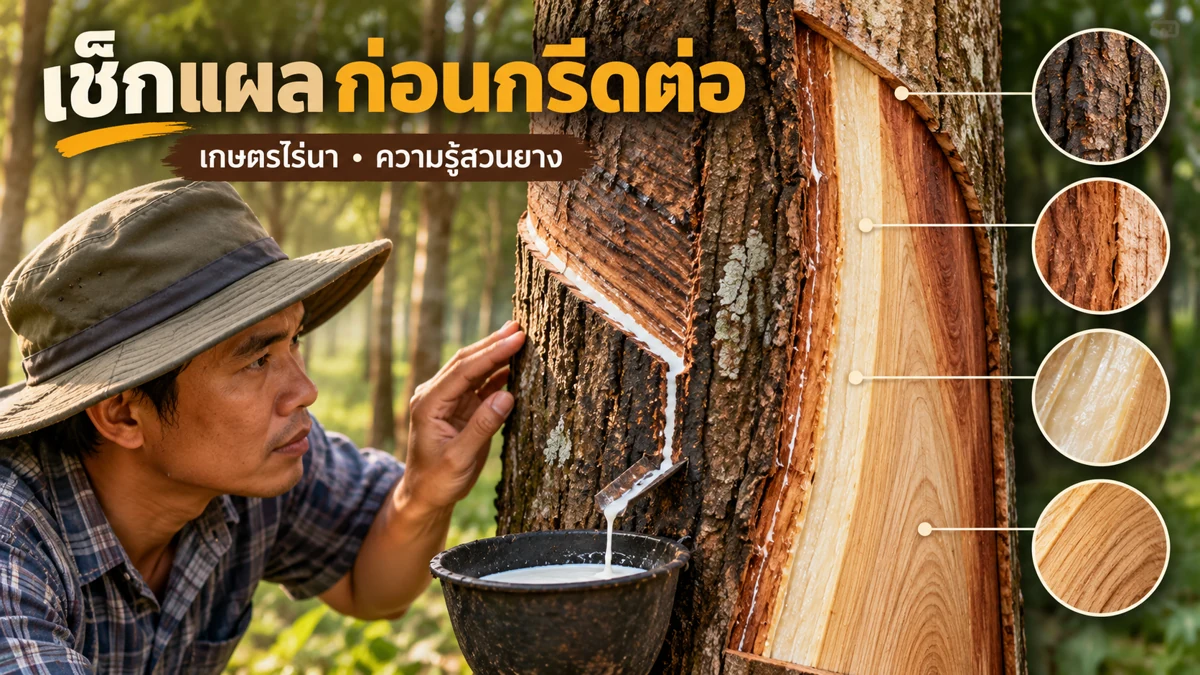 กรีดยางลึกเกินไป ภาพอธิบายจุดตรวจและข้อสังเกต