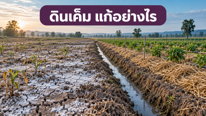 saline-soil-remediation-featured แปลงดินเค็มที่มีคราบเกลือข้างร่องระบายน้ำและแปลงฟื้นฟูด้วยวัสดุคลุมดิน