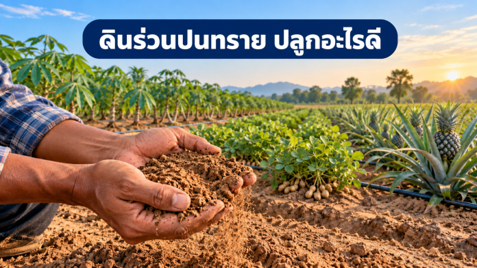 sandy-loam-crops-featured เกษตรกรตรวจดินร่วนปนทรายในแปลงมันสำปะหลัง ถั่วลิสง และสับปะรด