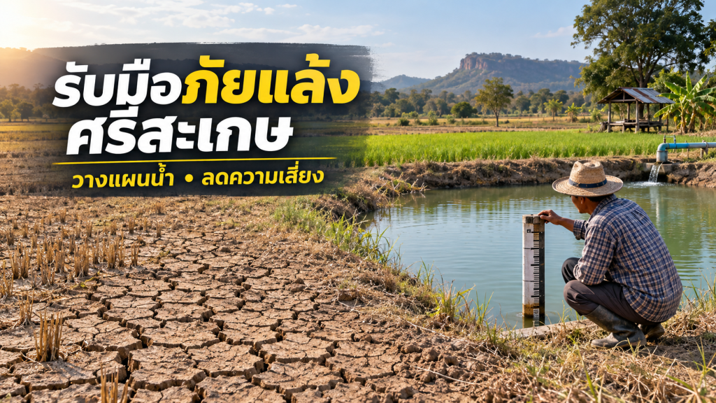 พื้นที่เกษตรศรีสะเกษช่วงแล้ง พร้อมข้อความวางแผนน้ำและลดความเสี่ยง