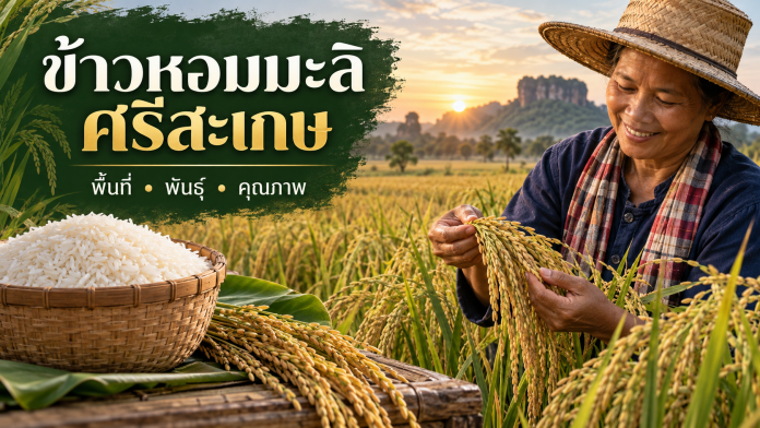 sisaket-jasmine-rice-featured ชาวนาในแปลงข้าวหอมมะลิศรีสะเกษ พร้อมข้อความพื้นที่ พันธุ์ และคุณภาพ