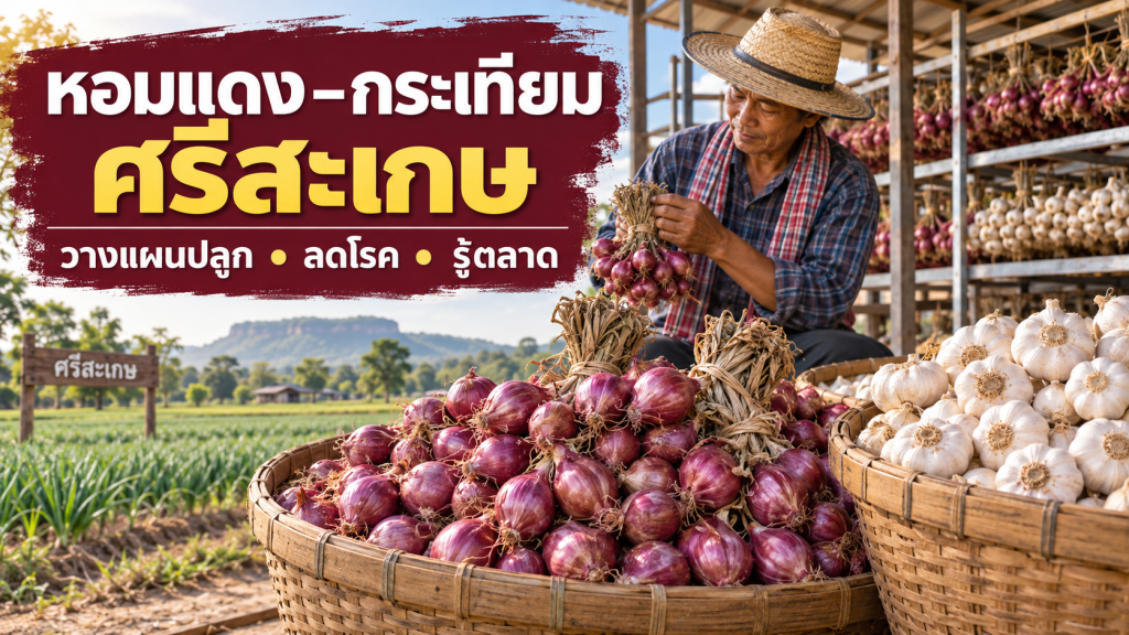 หอมแดงและกระเทียมศรีสะเกษ พร้อมข้อความวางแผนปลูก ลดโรค และรู้ตลาด