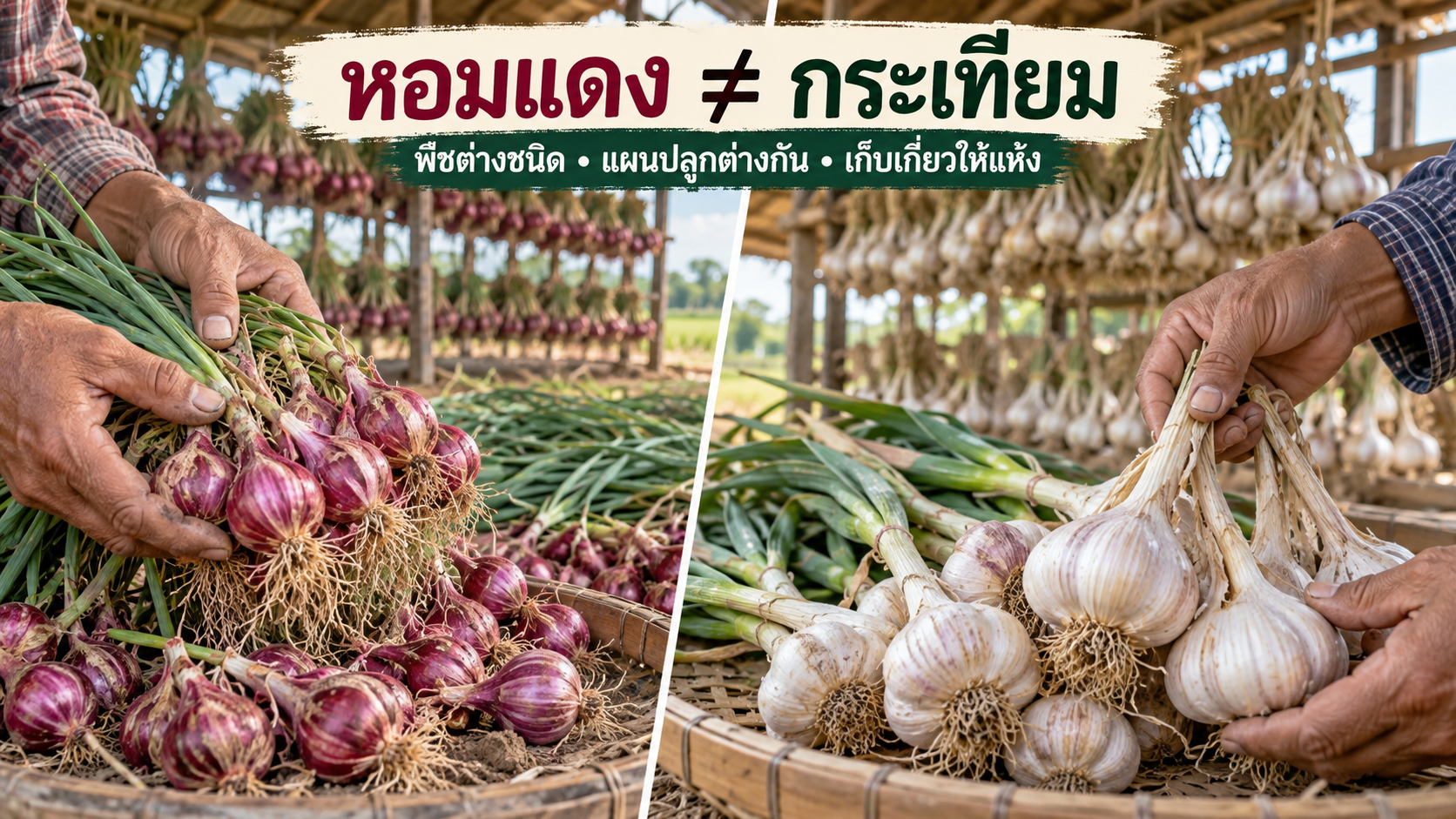 เปรียบเทียบหอมแดงกับกระเทียม พืชต่างชนิด แผนปลูกต่างกัน และเก็บเกี่ยวให้แห้ง
