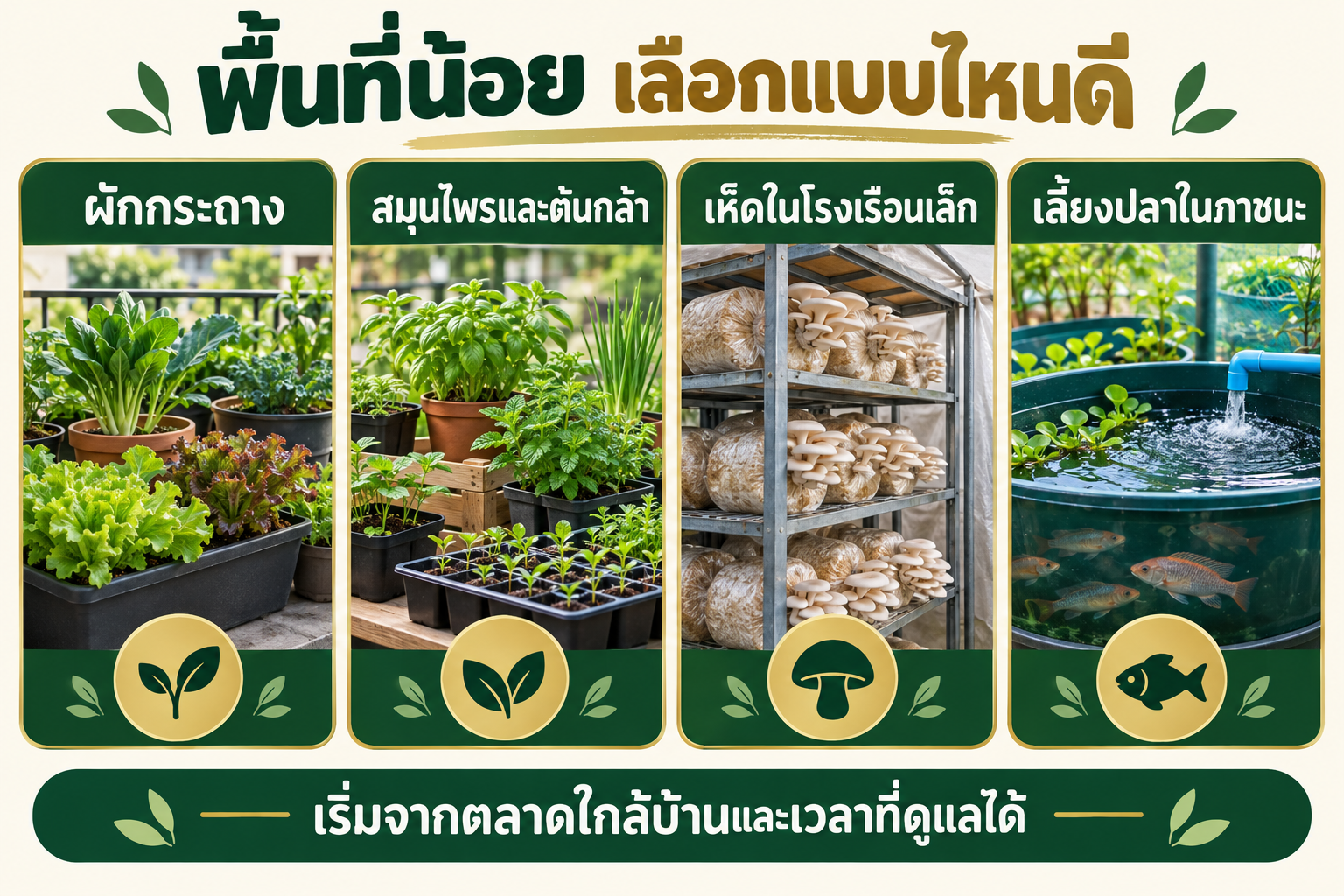 อินโฟกราฟิกทางเลือกทำเกษตรในพื้นที่น้อยสี่แบบ