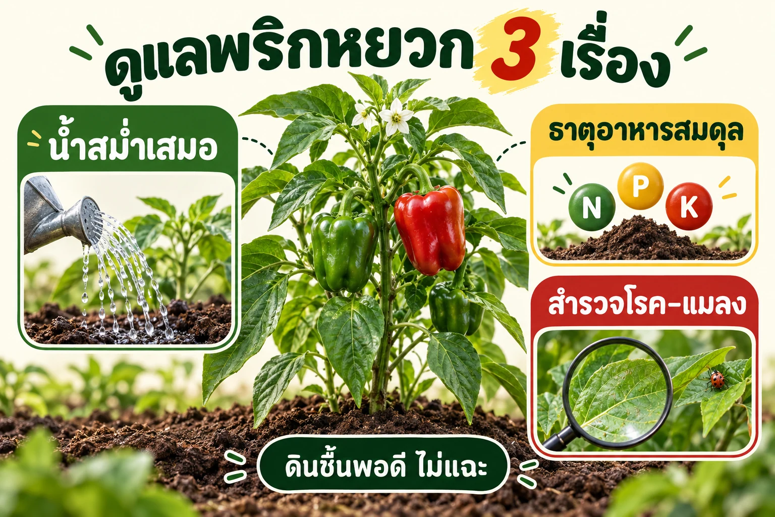 อินโฟกราฟิกดูแลพริกหยวกสามเรื่อง ได้แก่ น้ำสม่ำเสมอ ธาตุอาหารสมดุล และสำรวจโรคแมลง