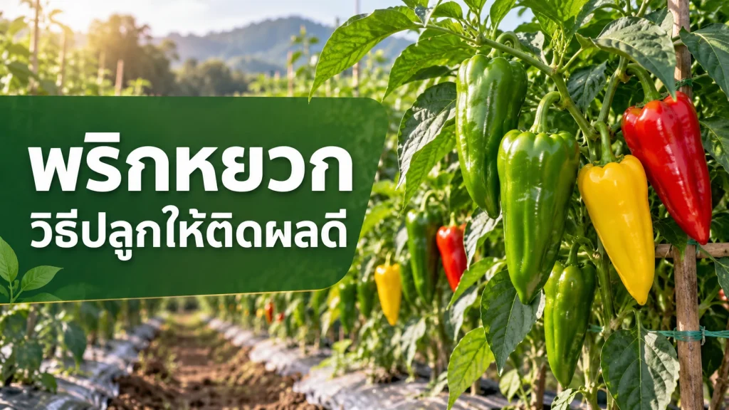 พริกหยวกสีเขียว เหลือง และแดงในแปลงปลูก