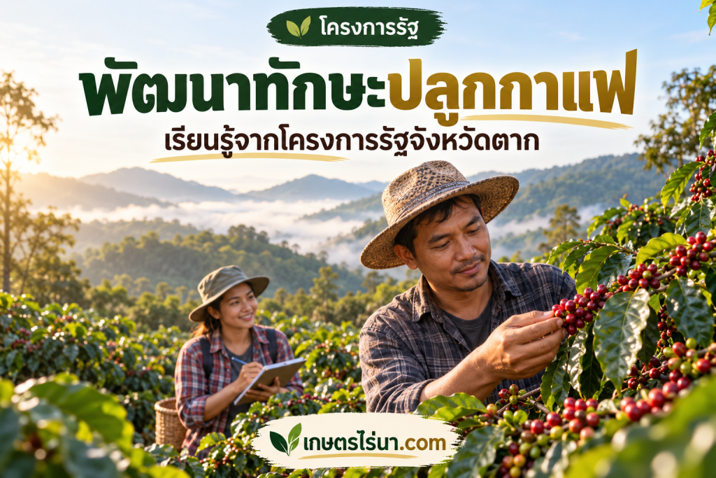ภาพประกอบเกษตรกรตรวจผลกาแฟในสวน พร้อมข้อความ พัฒนาทักษะปลูกกาแฟ เรียนรู้จากโครงการรัฐจังหวัดตาก