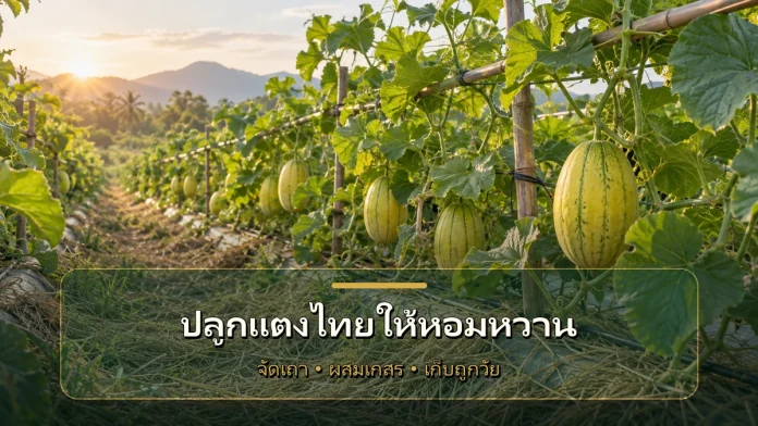 thai-melon-featured-cover-v2 แปลงแตงไทยบนค้างที่มีผลใกล้แก่หลายผลและเถาเขียวสมบูรณ์ยามเช้า