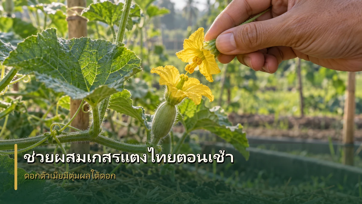 ขั้นตอนใช้ดอกตัวผู้แตะละอองเกสรบนดอกตัวเมียของแตงไทยในช่วงเช้า