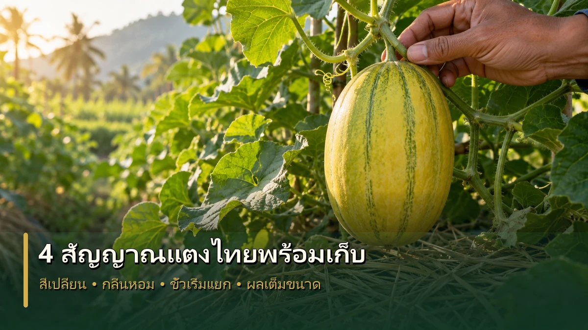 แตงไทยแก่พร้อมเก็บพร้อมสัญญาณสีผิวเปลี่ยน กลิ่นหอม ขั้วเริ่มแยก และผลเต็มขนาด