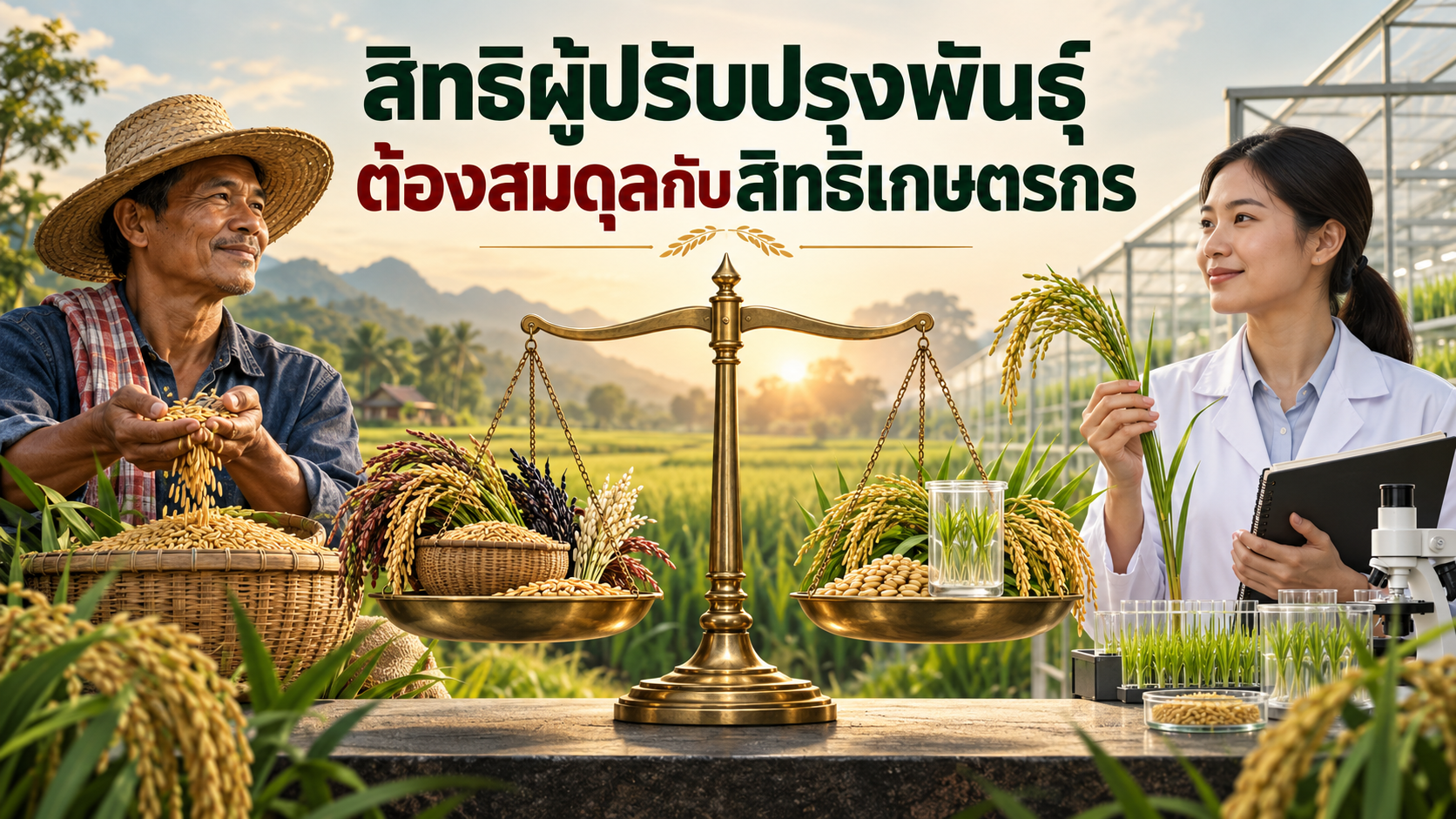 ภาพตาชั่งแสดงสมดุลระหว่างสิทธิผู้ปรับปรุงพันธุ์กับสิทธิเกษตรกร