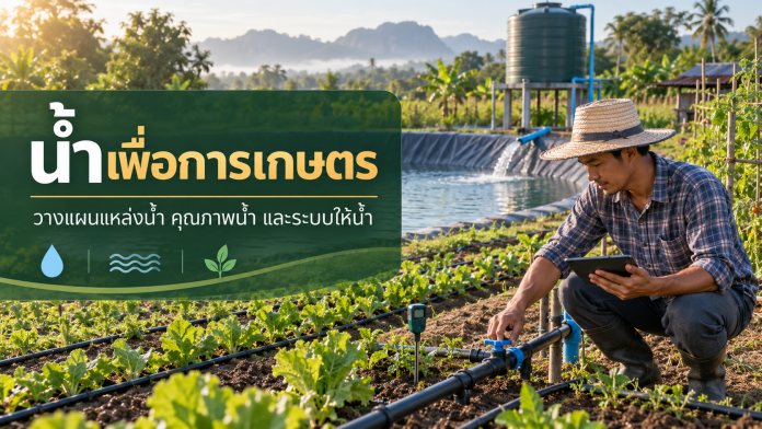 water-for-agriculture-cover เกษตรกรตรวจระบบน้ำหยดข้างสระเก็บน้ำในแปลงผัก