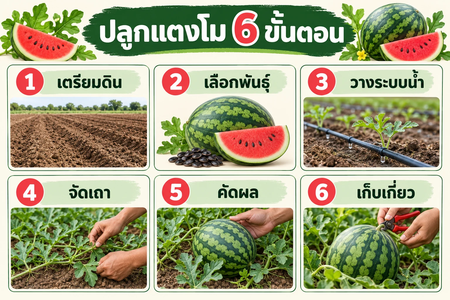 อินโฟกราฟิกหกขั้นตอนปลูกแตงโม ตั้งแต่เตรียมดินถึงเก็บเกี่ยว