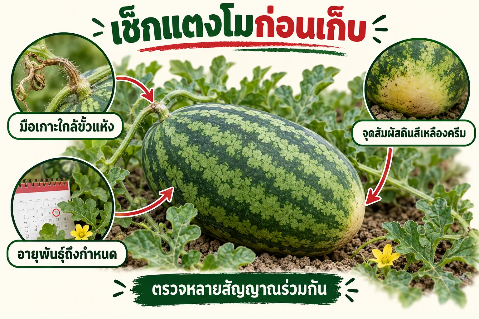 อินโฟกราฟิกสัญญาณแตงโมพร้อมเก็บ ได้แก่ มือเกาะแห้ง จุดสัมผัสดินเหลืองครีม และอายุพันธุ์ถึงกำหนด