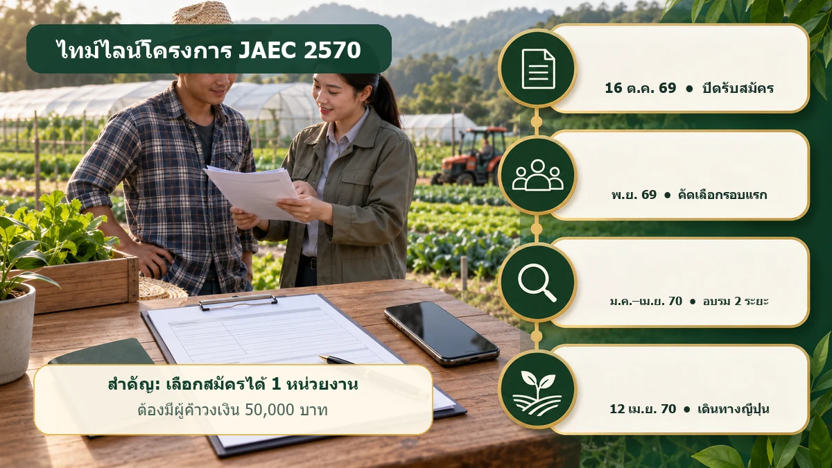 อินโฟกราฟิกไทม์ไลน์สมัครและคัดเลือกโครงการฝึกงานเกษตรที่ญี่ปุ่น รุ่น 45