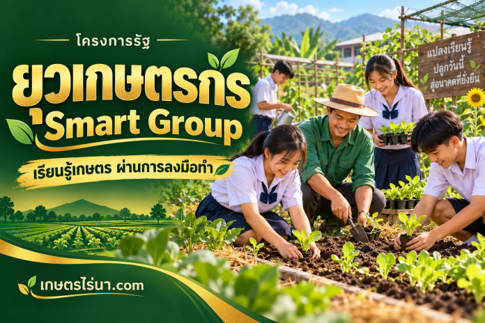 youth-smart-group ภาพประกอบนักเรียนทำแปลงผักกับครู พร้อมข้อความ ยุวเกษตรกร Smart Group เรียนรู้เกษตร ผ่านการลงมือทำ